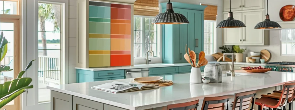 a modern coastal kitchen elegantly showcases a stunning array of vibrant interior paint swatches displayed against sleek cabinetry and stylish decor, emphasizing a refreshing transformation for beach homes in lewes, delaware.