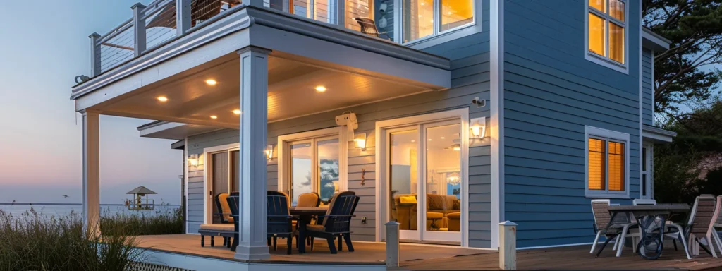 a stylish home exterior in a coastal setting showcases freshly painted, vibrant hues, with a tastefully renovated deck in the foreground, reflecting the guide's emphasis on selecting the right paint for beach homes in lewes, delaware.